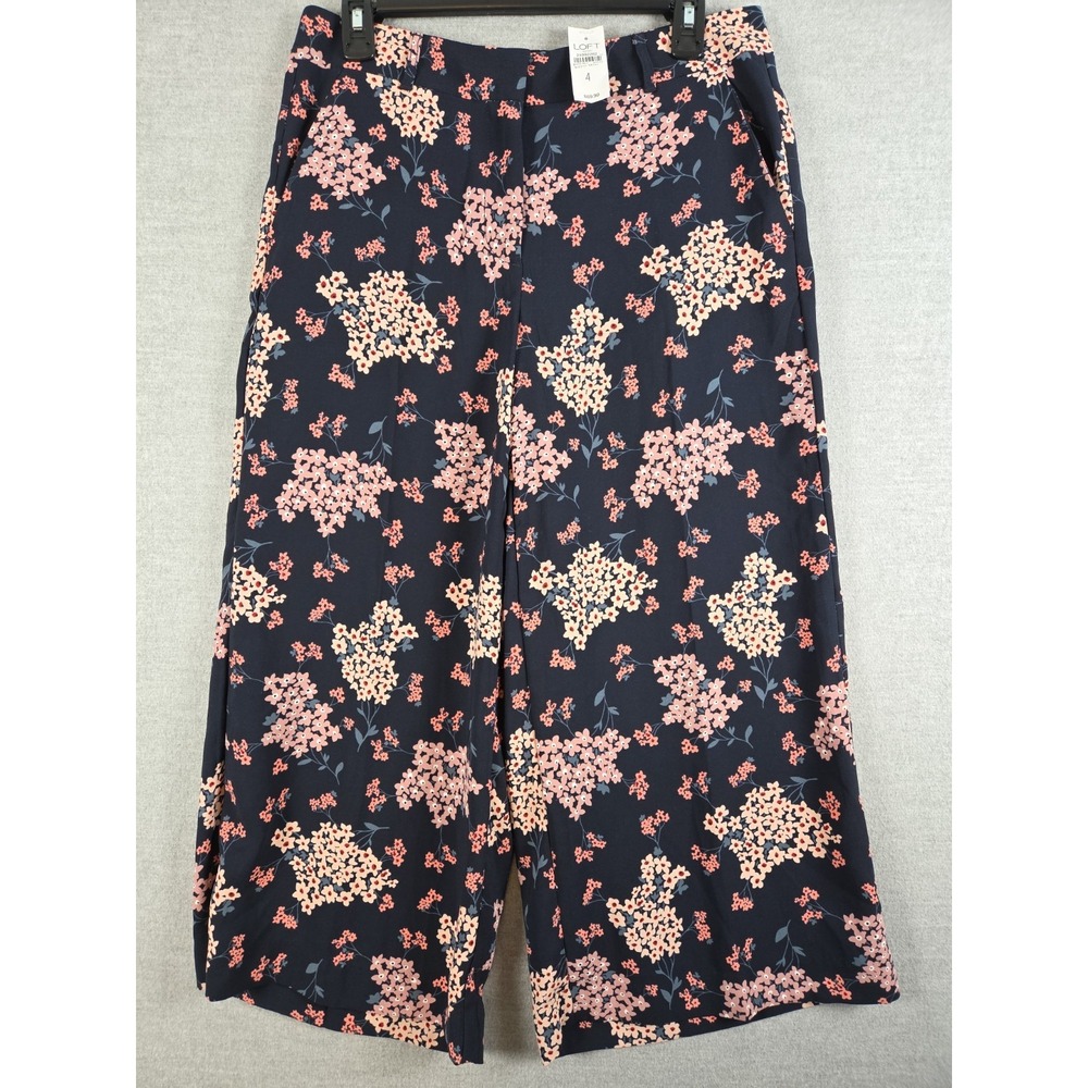 LOFT Wide Leg Crop Pants Size 4 Navy Pink Floral Flowy Cottagecore Career NEW